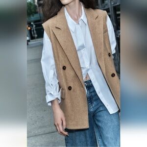 Zara Women Soft Double Breasted Collared Camel Two Front Pockets Long Vest Sz S